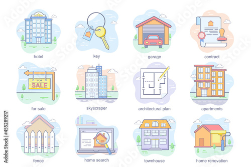 Real estate concept flat icons set. Bundle of hotel, key, garage, contract, skyscraper, architectural plan, apartments, home search and other. Vector conceptual pack color symbols for mobile app