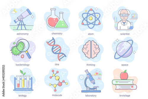 Science concept flat icons set. Bundle of astronomy, chemistry, atom, scientist, bacteriology, thinking, biology, laboratory, knowledge and other. Vector conceptual pack color symbols for mobile app