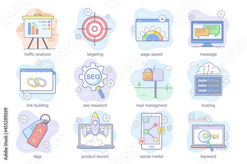 Seo optimization concept flat icons set. Bundle of traffic analysis, targeting, page speed, message, link building, mail management, tags and other. Vector conceptual pack color symbols for mobile app