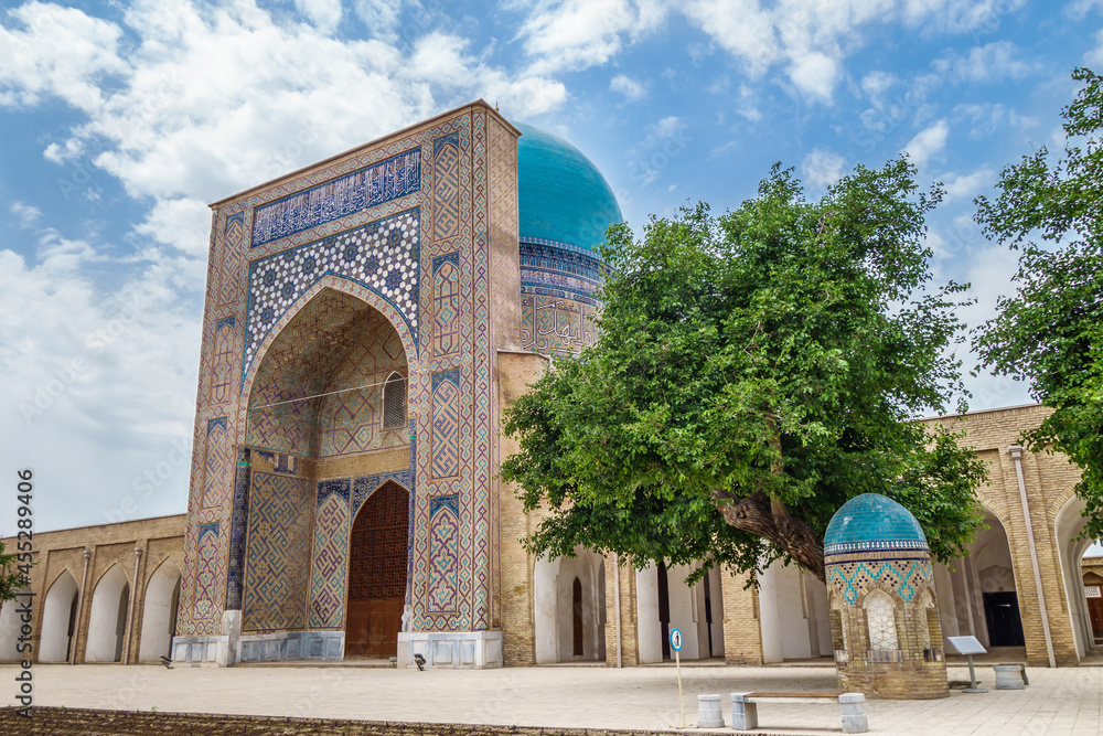 Facade of Kok-Gumbaz mosque or Blue Dome in translation, Shakhrisabz, Uzbekistan. It is part of architectural historical complex Dorut Tilavat, founded in XIV. Included in UNESCO
