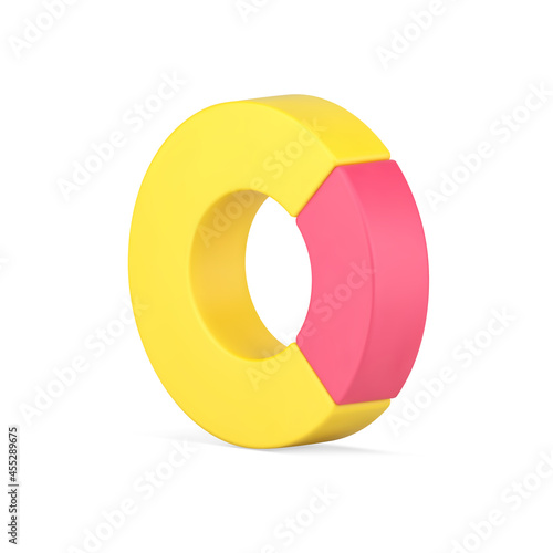 Pie chart 3d icon. Yellow infographic circle with pink highlighted part