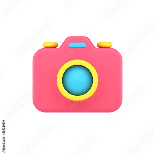 Retro photo camera 3d icon. Red gadget with yellow lens buttons for adjusting angle
