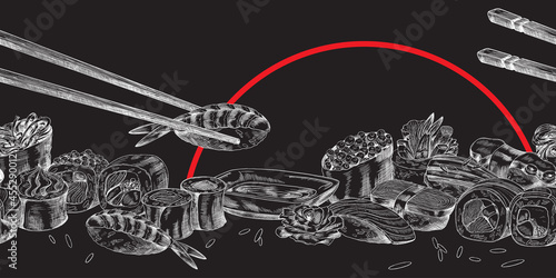 Japanese sushi, sashimi and rolls with chopsticks on black a vector illustration