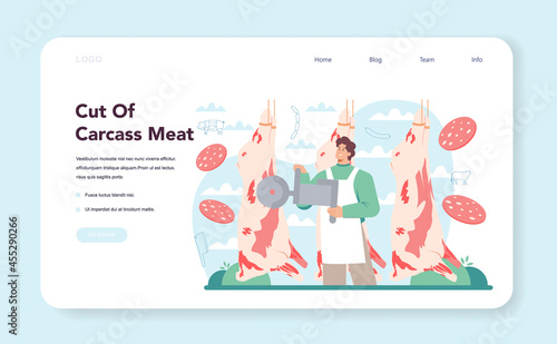 Butcher or meatman web banner or landing page. Cuts from carcass meat
