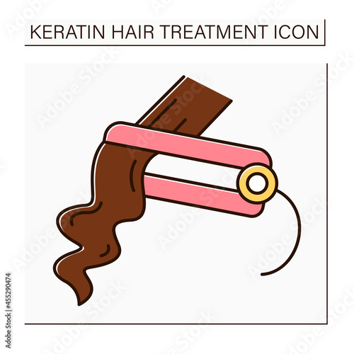 Hair straightener color icon. Straightening curly hair with straightening iron. Keratin treatment. Beauty procedure concept. Isolated vector illustration