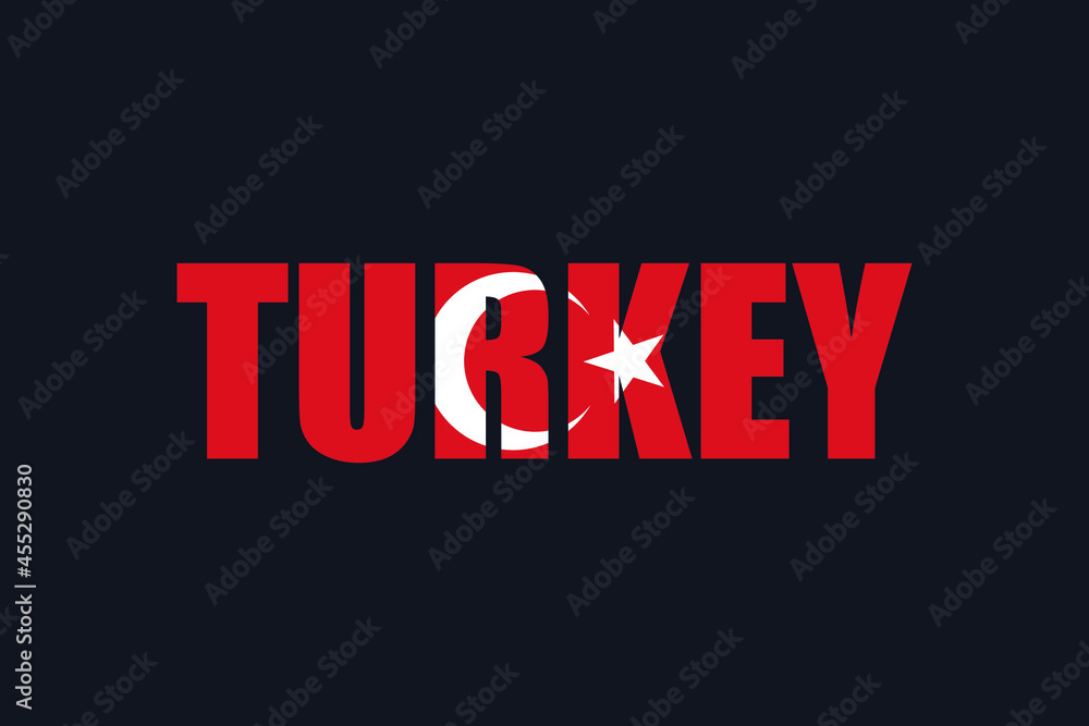 Turkey text, isolated on dark background, vector illustration. Country flag. Country name text lettering with flag illustration. Country word with flag design. Turkey text, isolated on dark background, vector illustration. Country flag. Country name text lettering with flag illustration. Country word with flag design.