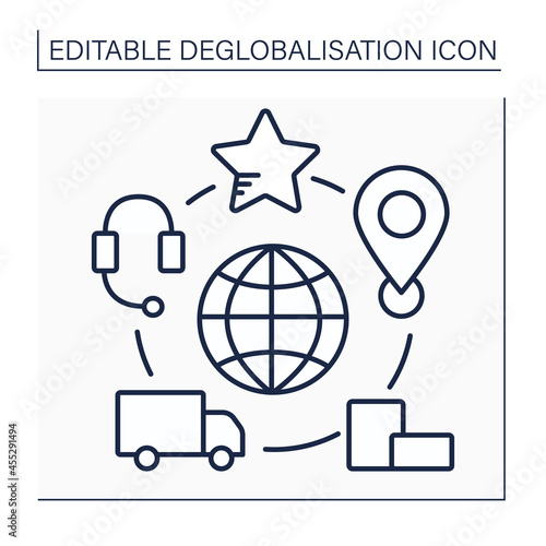 Supply chains line icon.Global network between companies and suppliers.International exchange process.Produce, distribute products Deglobalisation concept. Isolated vector illustration.Editable stroke