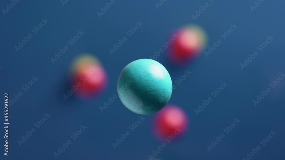Blue, red and yellow balls are moving on a blue background, 3D effect. Bright abstract background with spherical shapes. Blue, red and yellow balls are moving on a blue background, 3D effect. Bright abstract background with spherical shapes.