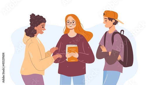 Happy diverse students on a school break. Girls and a guy talking. Group of people. Flat vector illustration.