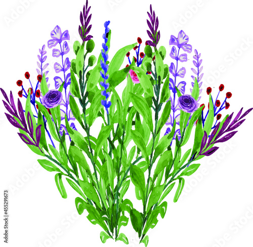 Watercolor floral purple flower and green leaf bouquet