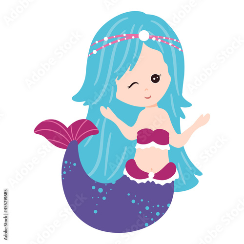 Cute mermaid with beautiful hair. Vector  cartoon style.