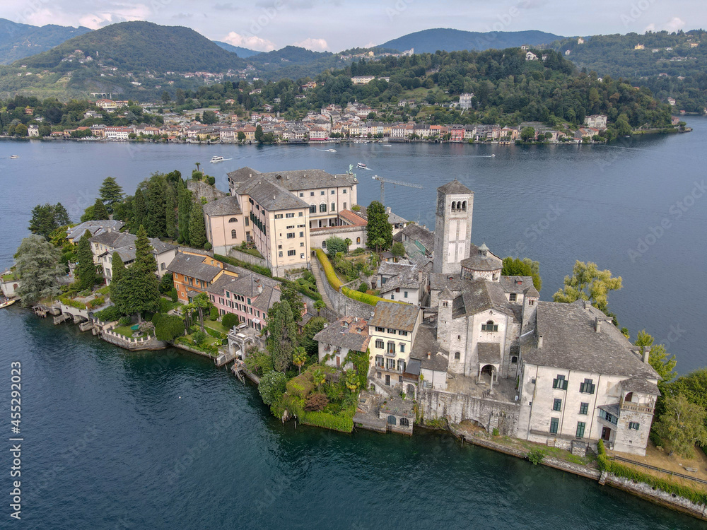 Drone view at San Giulio island on lake of Orta, Italy