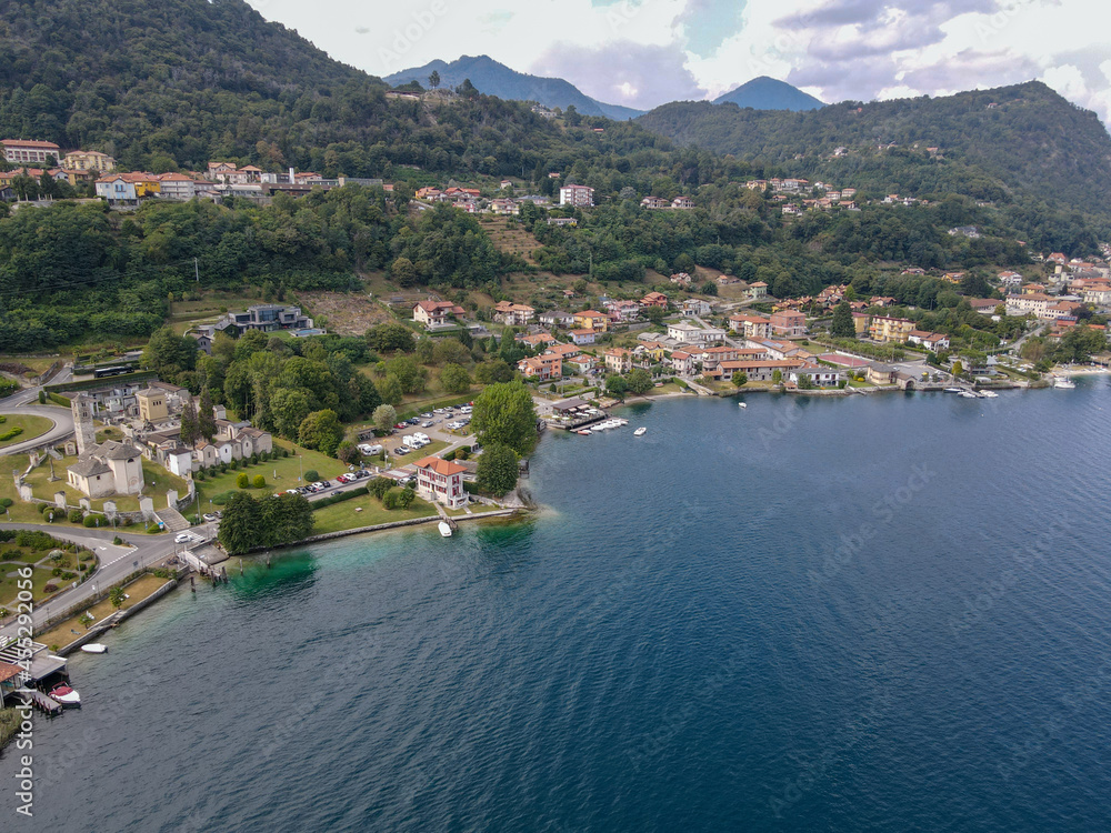 Drone view at the village of Pella on Orta lake, Italy
