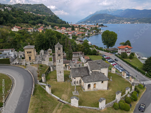 Drone view at Saint Filiberto church at Pella on lake of Orta, Italy photo