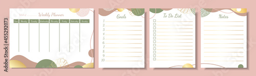 Set of weekly planner, goals, to-do list and notes. Composition with elegant abstract fashion background elements. Modern botanical design with tropical Monstera leaves. Stock vector illustration.