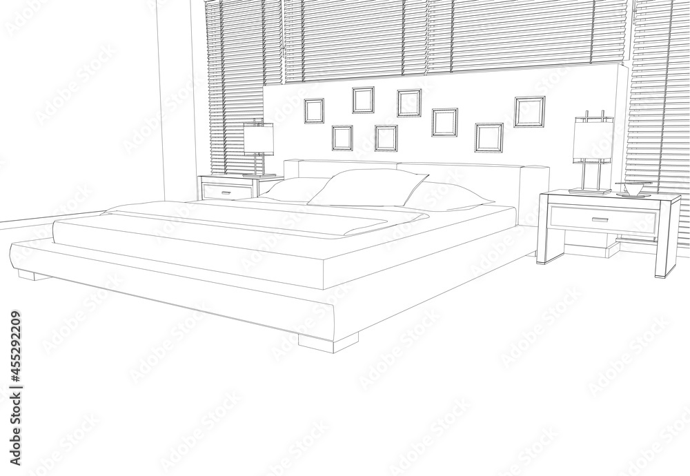Fototapeta premium Contour of a bedroom from black lines isolated on a white background. Perspective view. Vector illustration