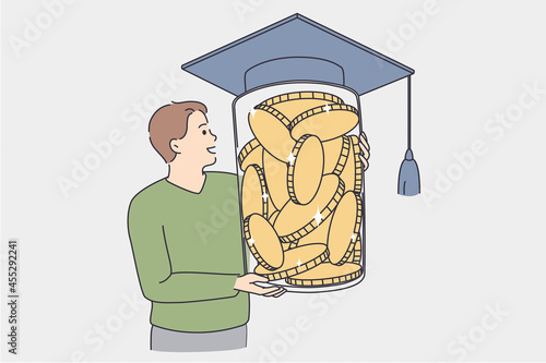 Investing money in education concept. Young boy standing holding huge jar full of golden coins covered with student degree bonet vector illustration  photo
