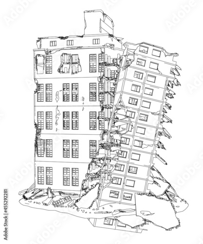 Contour of a destroyed building from black lines isolated on a white background. Vector illustration