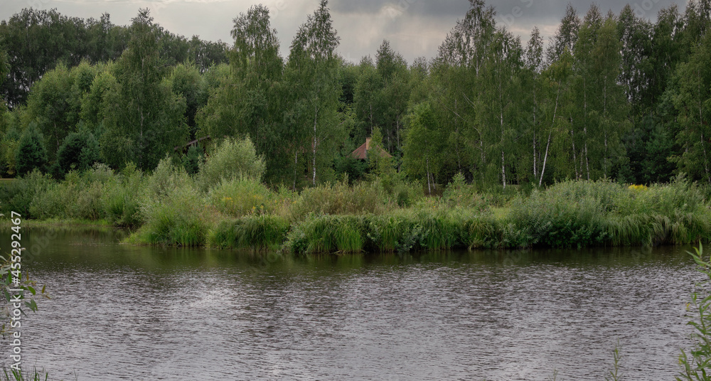 A river bank, overgrown with lush vegetation and roofs of the houses sticking out of the birch trees against stormy clouds. Rural evening scene by the water. A river bank, overgrown with lush vegetation and roofs of the houses sticking out of the birch trees against stormy clouds. Rural evening scene by the water.