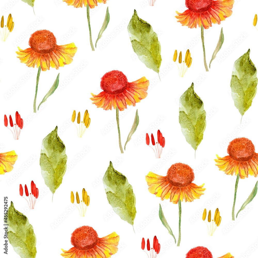 Bright autumn flowers watercolor seamless pattern. Template for decorating designs and illustrations.
