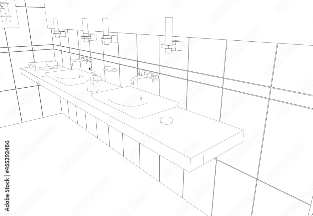 Fototapeta premium Contour of a room with sinks from black lines isolated on a white background. Washbasins with accessories. Vector illustration