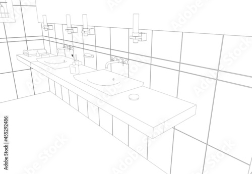 Contour of a room with sinks from black lines isolated on a white background. Washbasins with accessories. Vector illustration