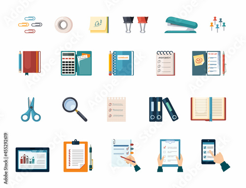 Office and business work supplies set. Document folders and calculator with management notebook magnifying glass and stapler paper clips sheets with scissors and pencil. Vector flat project.