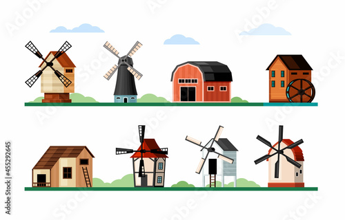 Vintage windmills set. Wood and brick buildings with blades for grinding flour rustic old design and air powered traditional architecture with water and electric turbine. Vector agriculture flat.