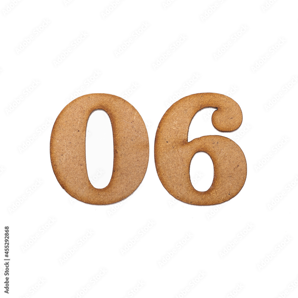 Number 06 in wood, isolated on white background Number 06 in wood, isolated on white background