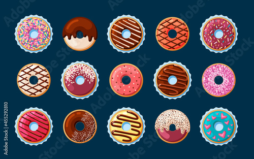 Sweet donuts with decorative glaze set. Colorful pastries with cream sprinkled with pink and chocolate powder festive treat with designer individual tracery decoration of holiday. Vector yummy.