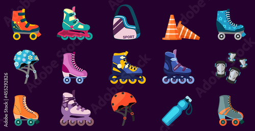 Shoes and equipment for roller skating set. Safety helmet and knee pads active fun fitness with skating jogging wheeled boots extreme leisure from 80s and 90s vintage style. Vector fun.