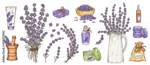 Aromatic and cosmetic products with lavender set, vector illustration isolated.