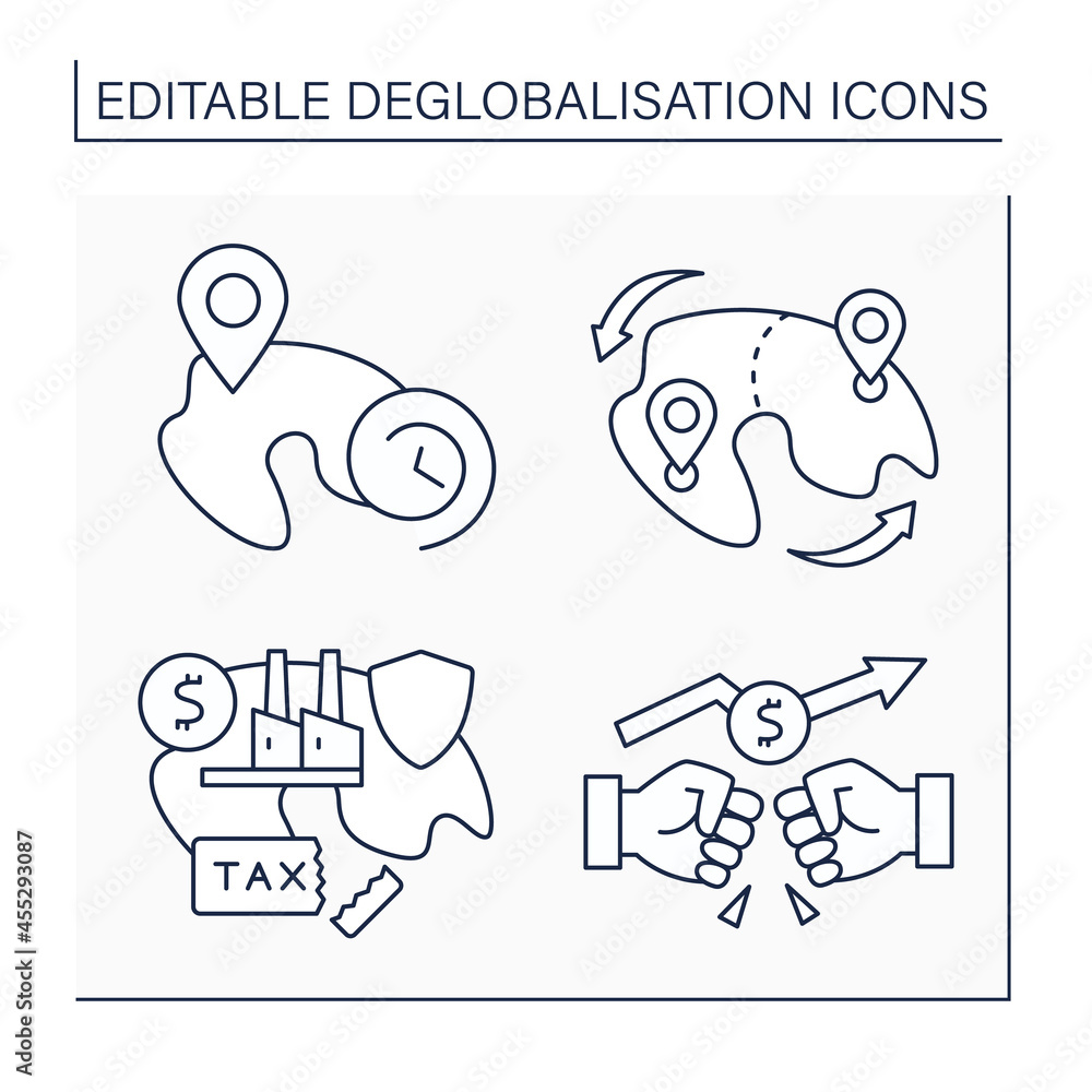 Deglobalisation line icons set. Trade war, localized future, land redistribution, protectionism. World economy concept. Isolated vector illustrations. Editable stroke Deglobalisation line icons set. Trade war, localized future, land redistribution, protectionism. World economy concept. Isolated vector illustrations. Editable stroke