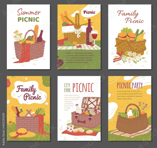 Cards or posters collection with picnic baskets full of tableware and foods, hand drawn vector illustration. Banners set for picnic invitations and advertisement.