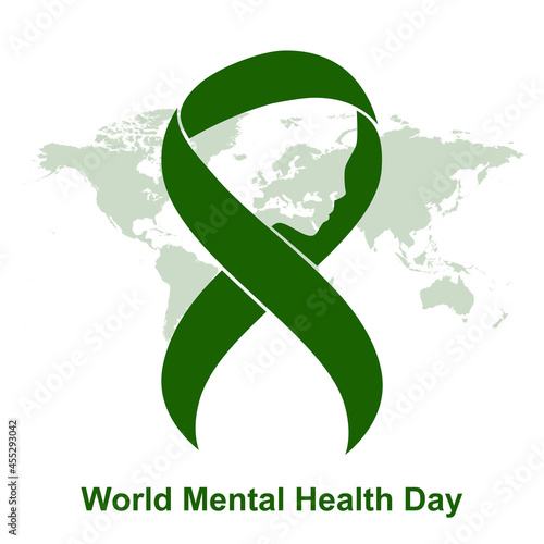 Mental Health Awareness Month vector illustration with green ribbon. Green ribbon. Symbol of adrenal cancer, glaucoma, mental health awareness