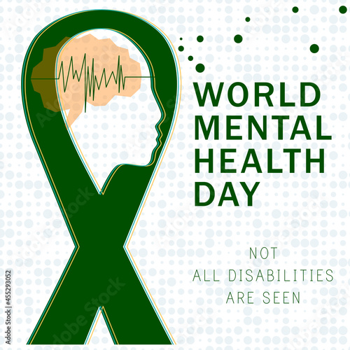 Mental Health Awareness Month vector illustration with green ribbon. Green ribbon. Symbol of adrenal cancer, glaucoma, mental health awareness