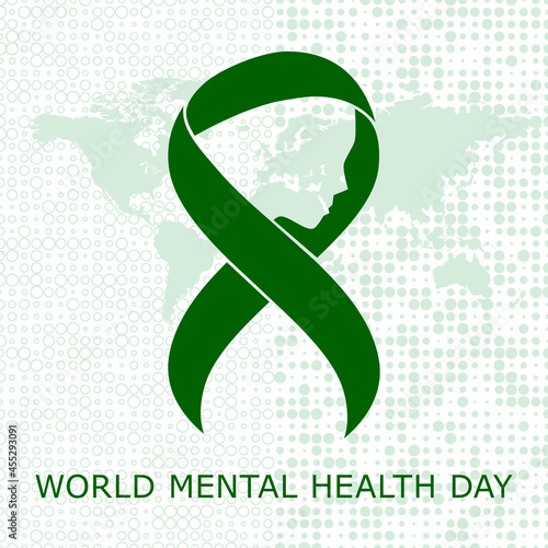 Mental Health Awareness Month vector illustration with green ribbon. Green ribbon. Symbol of adrenal cancer, glaucoma, mental health awareness