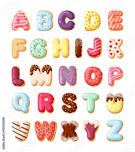 Alphabet fro sweet pastries set. Colorful canddy font made from baked goods donuts with cream desert for kids decorative cakes letters numbers Vector cartoon delicious