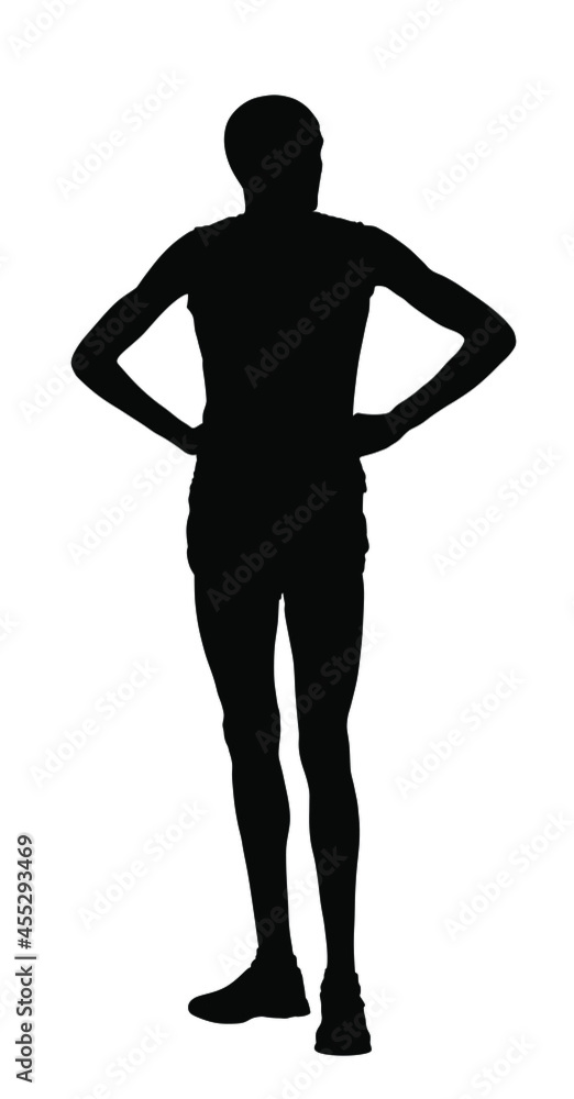 Marathon runner waiting race on start vector silhouette illustration isolated on white. African sportsman athlete resting on finish line after race wining. Superstar player concentrates before game.