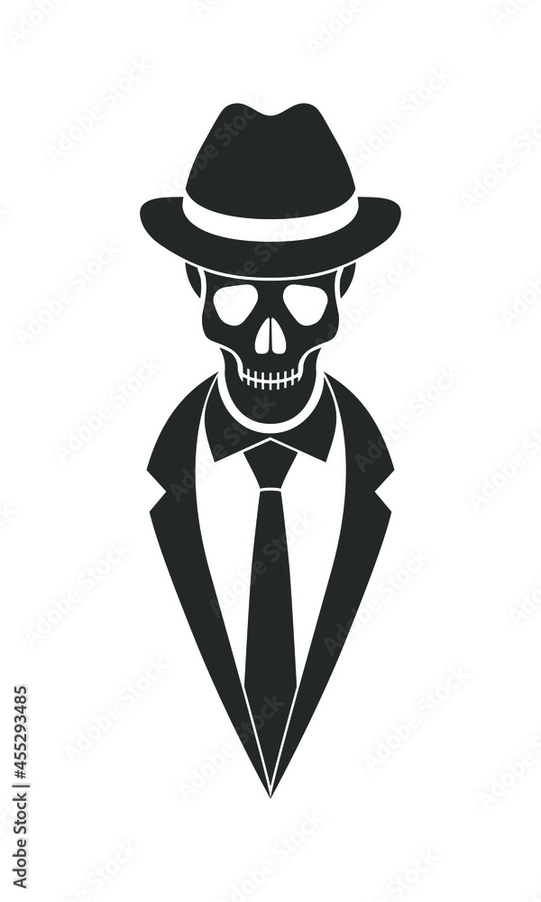 Mister skeleton graphic icon. Human skull in hat, suit and tie sign isolated on white background. Vector illustration Mister skeleton graphic icon. Human skull in hat, suit and tie sign isolated on white background. Vector illustration