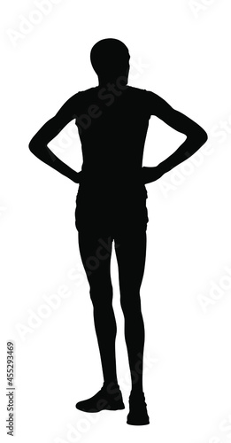 Marathon runner waiting race on start vector silhouette illustration isolated on white. African sportsman athlete resting on finish line after race wining. Superstar player concentrates before game.