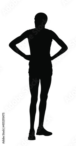 Marathon runner waiting race on start vector silhouette illustration isolated on white. African sportsman athlete resting on finish line after race wining. Superstar player concentrates before game.