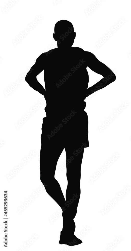 Marathon runner waiting race on start vector silhouette illustration isolated on white background. Sportsman athlete resting on finish line after race wining. Superstar player concentrates before game
