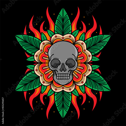 skull head flower tattoo