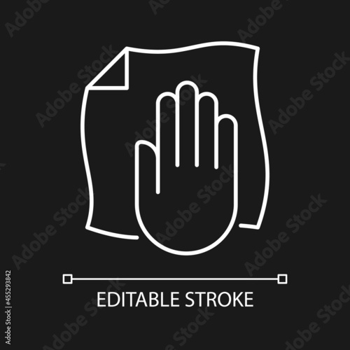 Wipe with dry cloth white linear manual label icon for dark theme. Thin line customizable illustration. Isolated vector contour symbol for night mode for product use instructions. Editable stroke