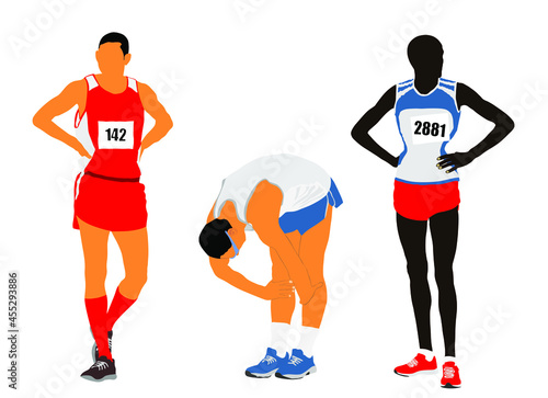 Marathon runners waiting race on start vector illustration isolated on white background. Sportsman athlete resting on finish line after race wining. Superstar players concentrates on game. Top form.