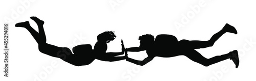 Parachutist couple in love flight vector silhouette illustration isolated on white. Girl and boy in air jump. Skydiver acrobatics. Extreme sport fun entertainment. Airdrop brave hand holding couple.