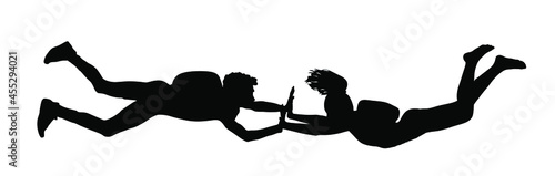 Parachutist couple in love flight vector silhouette illustration isolated on white. Girl and boy in air jump. Skydiver acrobatics. Extreme sport fun entertainment. Airdrop brave hand holding couple.