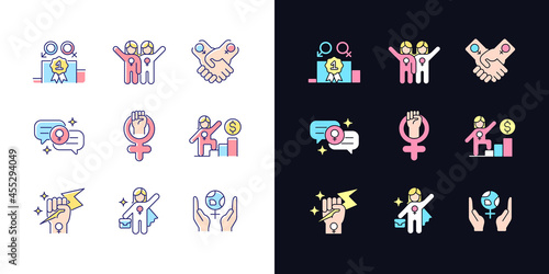 Feminist movement light and dark theme RGB color icons set. Gender parity. Female friendship. Woman power. Isolated vector illustrations on white and black space. Simple filled line drawings pack