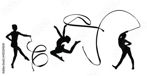 Grace ballet dancer girl vector silhouette figure performance isolated on white background. Gymnastic flexible woman in leotard. Rhythmic Gymnastics lady with ribbon. Athlete woman in gym exercise.